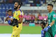 Sandesh Jhingan (left) of Kerala Blasters before the game against Bengaluru FC